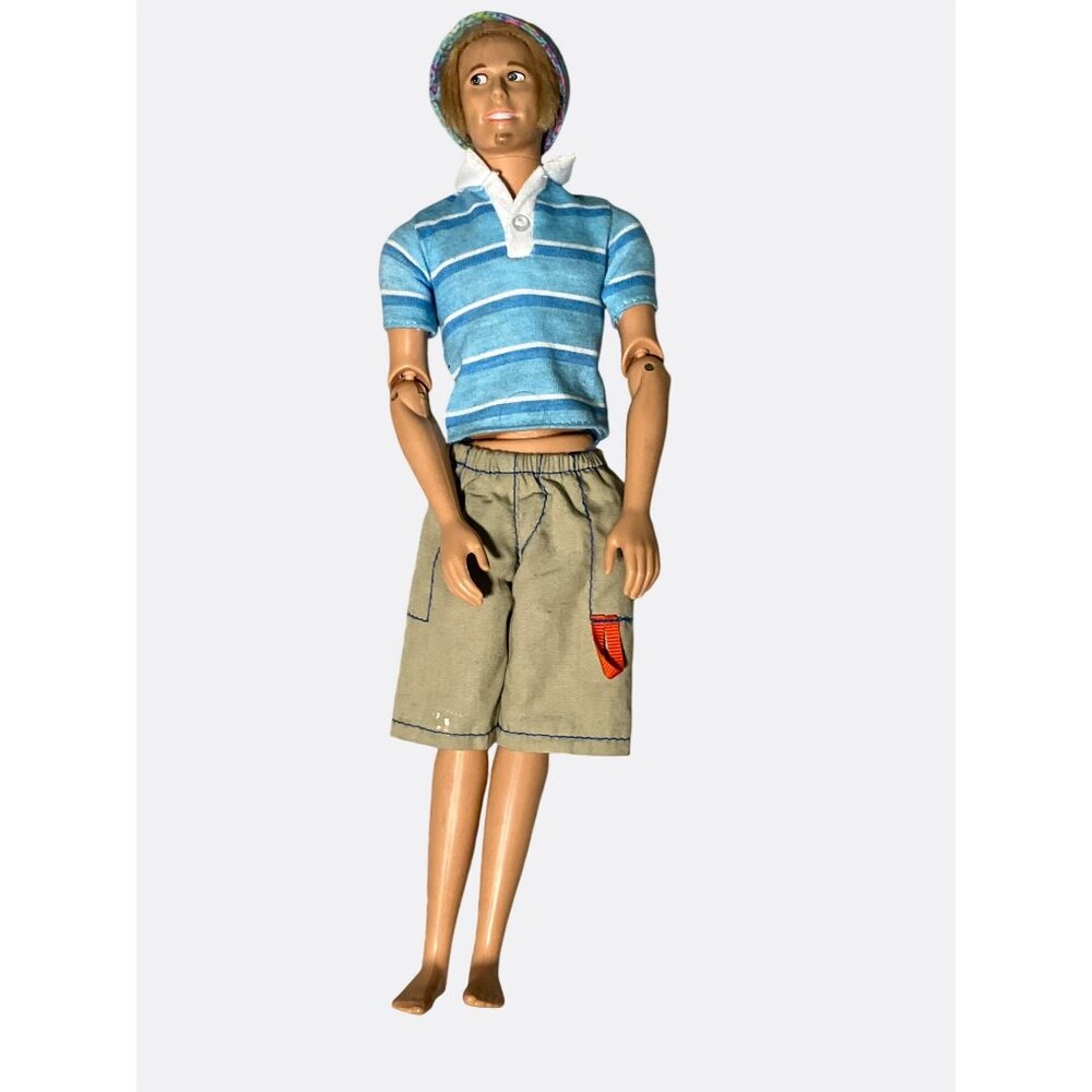 Vintage 1991 Mattel Male Doll With Blue Striped Shirt Tan Shorts and Hat